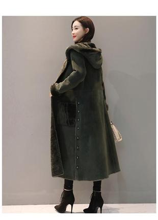 Длинное замшевое пальто с капюшоном9 фото