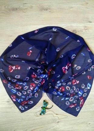 Благородный синий полупрозрачный шарф  платок палантин принт маки васильки5 фото