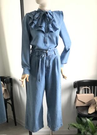 Блуза джинс деним с воротником воланами жабо