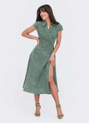 Принтована зелена сукня на запах4 фото