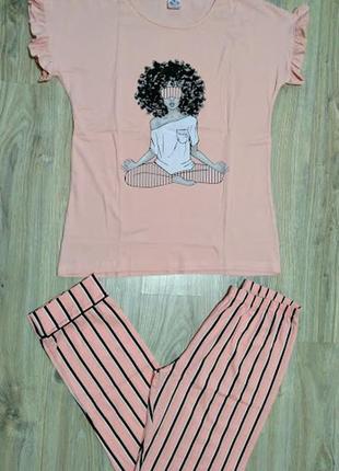 Роскошная женская пижама - домашний костюм футболка брюки, качество премиум и-xl, туречева.2 фото