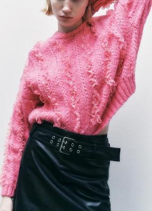 Свитер джемпер пуловер  zara женский розовый с рюшами
