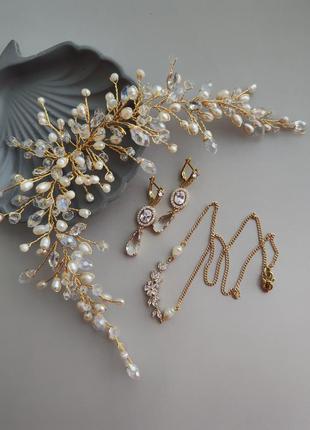 Набір весільних прикрас, перлина гілочка в зачіску та сережки і підвіска з натуральними перлами4 фото
