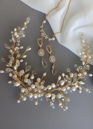 Набір весільних прикрас, перлина гілочка в зачіску та сережки і підвіска з натуральними перлами5 фото