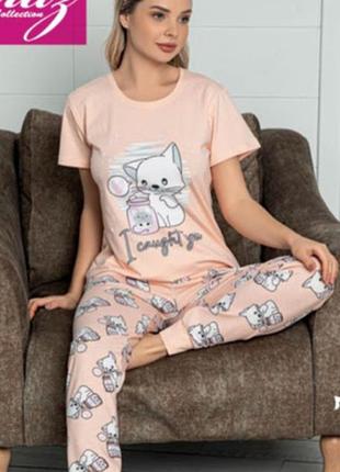 Качественная женская пижама - домашний костюм футболка брюки, хлопок, р-ры м хl, туреченица1 фото