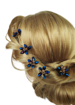 Шпильки в зачіску синя квітка, шпилька з намистин колір синій, прикраси для волосся, набір 5 шт!2 фото