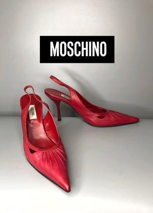 Moschino шкіряні босоніжки човники з відкритою п'ятому п'ятою слінги мюли червоні3 фото