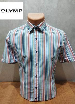 Идеальная хлопковая рубашка в полоску с коротким рукавом известного немецкого бренда olymp