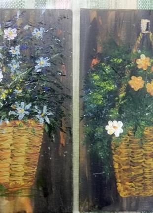 Интерьерная картина "полевые цветы в корзинке", акрил, холст на картоне  20х30 см2 фото