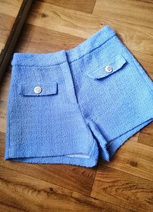 Твідові блакитні жіночі шорти з високою посадкою /женские голубые твидовые шорты