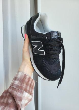 New balance 574 жіночі кросівки шкіряні беланси натуральна шкіра замша білі чорні з сіткою кожаные кроссовки с сеткой весна лето черные белые5 фото