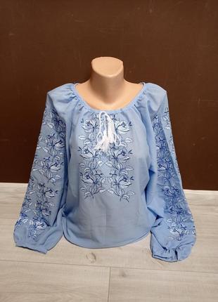 Вишиванка жіноча сорочка блуза з вишивкою шифон блакитний 42-48 розміри