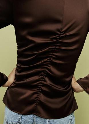 H&amp;m коричневая блуза атлас сатин жата длинный рукав свободный крой6 фото