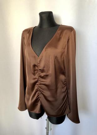 H&amp;m коричневая блуза атлас сатин жата длинный рукав свободный крой2 фото