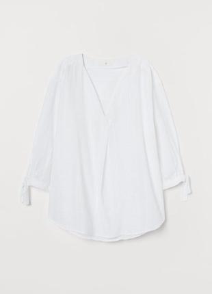 H&m біла лляна блуза з льону та бавовни вільний крій завʼязки на рукавах
