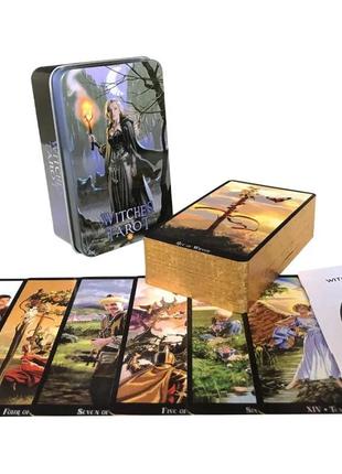 Карти чаклунське таро witches tarot з позолоченим зрізом в металевій коробочці