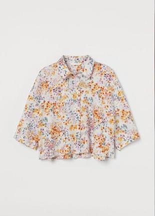 Рубашка льняная в цветочный принт укороченная5 фото