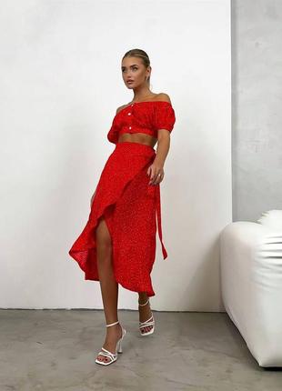 Костюм женский красный в горошек топ с открытыми плечами на пуговицах юбка миди на высокой посадке качественный стильный2 фото