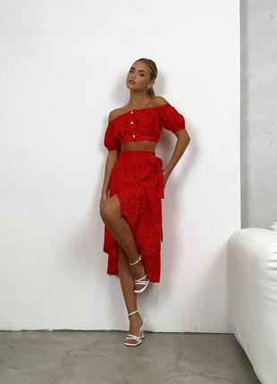 Костюм женский красный в горошек топ с открытыми плечами на пуговицах юбка миди на высокой посадке качественный стильный3 фото