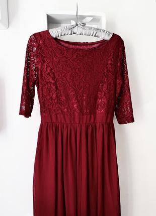 Красное нарядное вечернее платье бордовое с кружевом5 фото