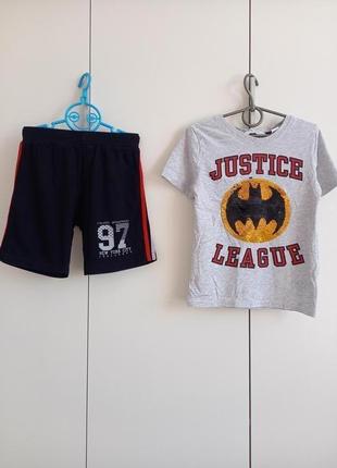 Набор для мальчика 6-8 лет трикотажные шорты футболка с пайетками перекатками h&m batman superman