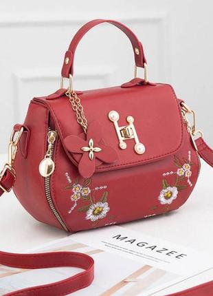 Женская мини сумочка с вышивкой, маленькая сумка с цветочками красный