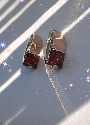 🛍 серьги серебро с золотом фианит красный
