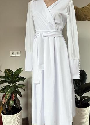 Очень красивое элегантное платье с рукавом сеткой белое платье миди с пояском m-l1 фото