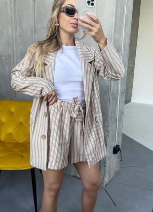 Деловой льняной костюм с шортами натуральный лён в полоску льняные шорты с поясом...