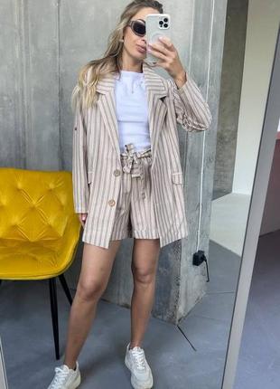 Деловой льняной костюм с шортами натуральный лён в полоску льняные шорты с поясом...