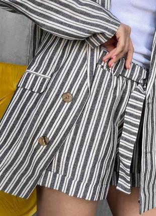 Деловой льняной костюм с шортами натуральный лён в полоску льняные шорты с поясом...