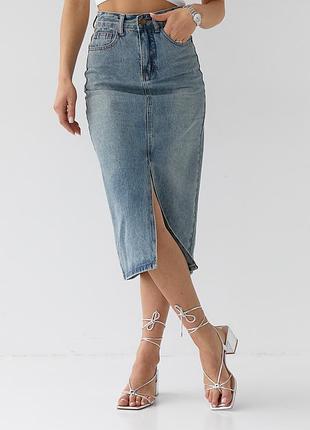 Джинсовая юбка с разрезом в стиле кэжуал - джинс цвет, m (есть размеры)