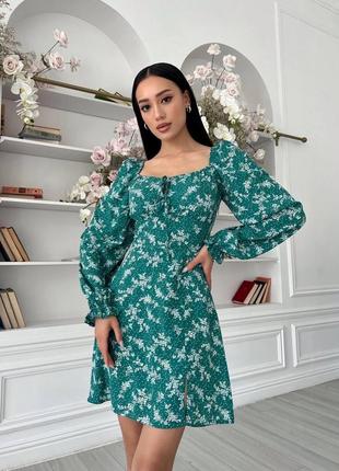 Изысканное платье короткое мини с разрезом зеленое голубое бежевое ч цветочек с корсетным лифом с декольте с открытыми плечами с рукавами фонариками