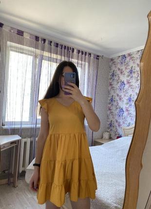 Гірчична літня коротка сукня гірчичний літній коротки сарафан в чорний горошок жовта жовтий