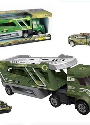 Іграшка машинка військовий трейлер автовоз із 3 військовими машинками та механізмом запускання1 фото