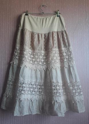 Дизайнерская итальянская стильная юбка в бельевом стиле этано бохо с кружевом10 фото