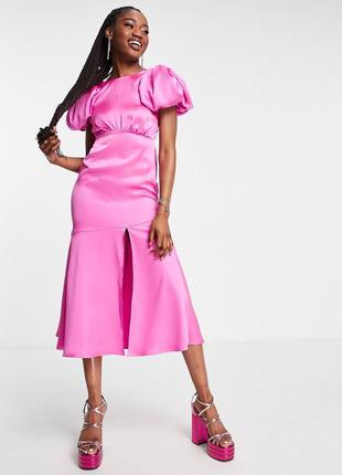 Ярко-розовое атласное платье миди с пышными рукавами и открытой спиной miss selfridge1 фото