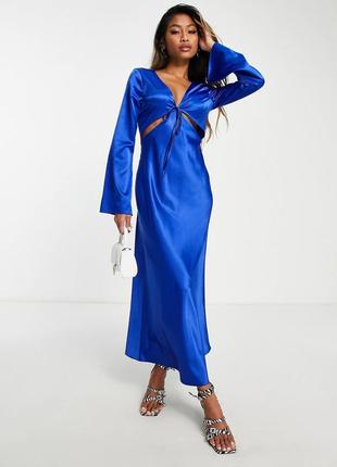 Синее атласное платье миди с вырезами topshop