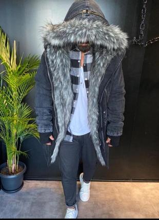 Мужская зимняя джинсовая парка "open" с пышной меховой отделкой