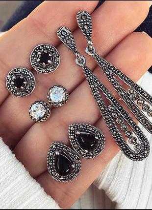 Бижутерия набор серьг серьги длинные пусеты гвоздики вечерние под серебро черные длинные сусельки