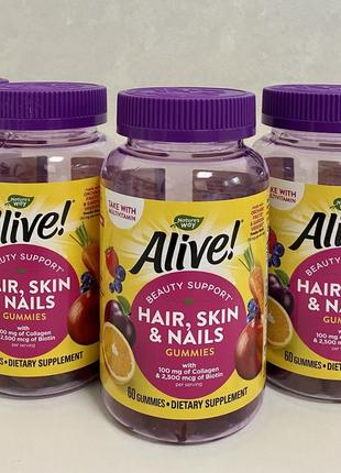 Nature's way, alive! жевательные таблетки для здоровья волос, кожи и ногтей, со вкусом клубники, 60