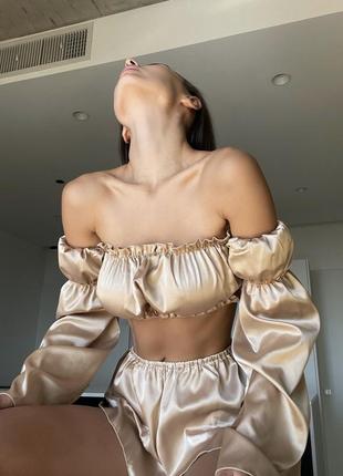 Шелковый комплект с шортами, женственная пижама с шортами1 фото