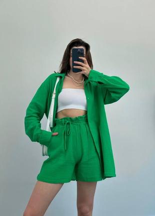 🎨5 цвета! шикарный легкий женский костюм зеленый муслин лето лето шорты3 фото