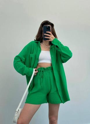 🎨5 кольори! шикарний легкий жіночий костюм зелений муслін літо лето шорти