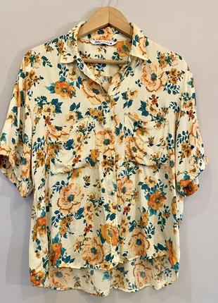 Роскошная сктиновая рубашка-гавайка от zara в цветочный принт2 фото