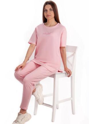 Розовый летний костюм двунитка, спортивный комплект с футболкой1 фото
