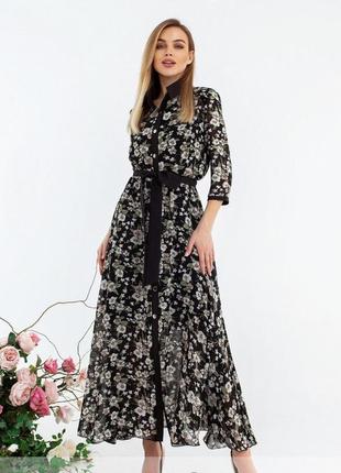 Платье женское шифоновое на пуговицах длинное цветочное черное