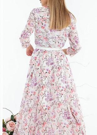 Платье женское шифоновое на пуговицах длинное цветочное молочное5 фото