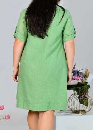 Плаття жіноче лляне літнє з коротким рукавом батал батальне легке однотонне оливкове5 фото