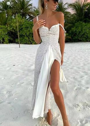 Платье миди белое с принтом на шлейках с вырезом по ноге приталено качественная стильная трендовая